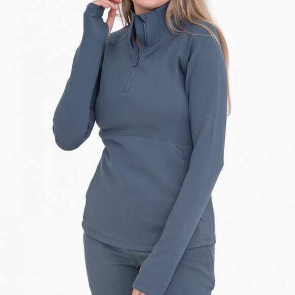 Slate Blue Jacquard Ribbed Mock Neck Active Top - Mono B - Picture 1 of 4